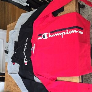 3 mens champion sweatshirts. 2 hoodies and one crew neck